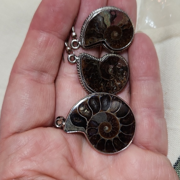 Ammonite pendant and matching earrings, prehistoric. - Picture 2 of 3